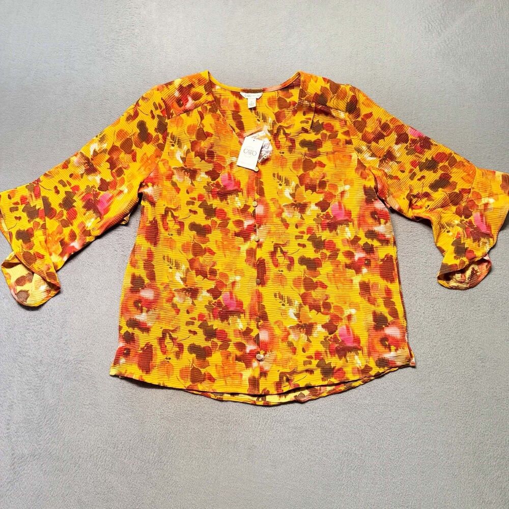 Cato Womens Small Floral Blouse Golden Yellow Bell Sleeve Button Accent Top NWT